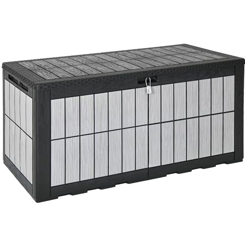 YITAHOME 134 Gallon Large Deck Box, Waterproof Resin Outdoor Storage Box with Lock, Doubles as Bench Seating for Patio Furniture Cushions,Garden Tools & Pool Accessories, Black & Wood-Grain Gray - color: Black & Wood-Grain Gray, size: 134 Gallon