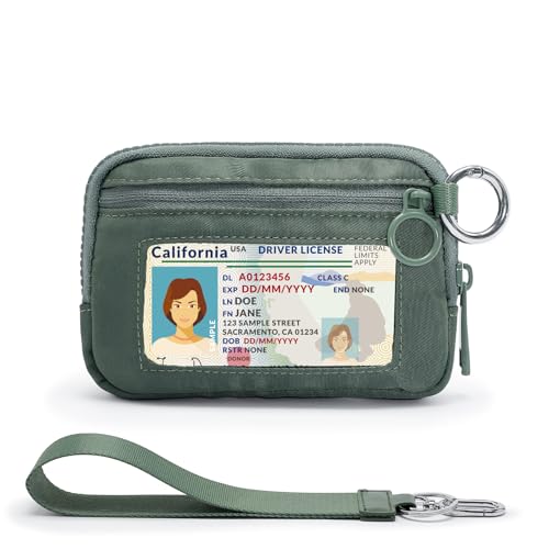 YDF The Iris Wallet for Women Mini Zip Card Case with Clear ID Window Zipper Coin Purse Lightweight Portable Keychain Wallet - color: green