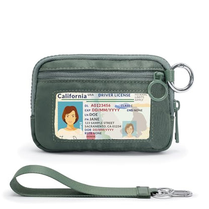YDF The Iris Wallet for Women Mini Zip Card Case with Clear ID Window Zipper Coin Purse Lightweight Portable Keychain Wallet - color: green