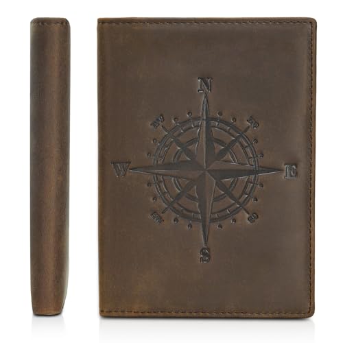 Polare Slim RFID Blocking Leather Passport Holder Travel Bifold Wallet For Men(Dark Brown Compass) - color: Dark Brown Compass
