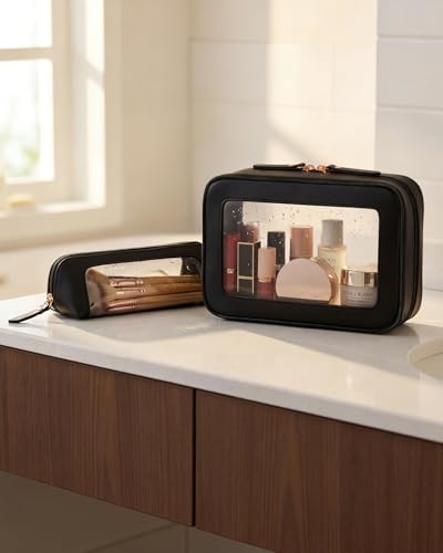 LETGO Clear Makeup Bag Set,Portable Clear Makeup Bag Waterproof Travel Makeup Brushes Bag Makeup Pouch TSA Approved Toiletry Bag Women Traveling Car Accessories for Girls(Dual Black) - color: Dual Black