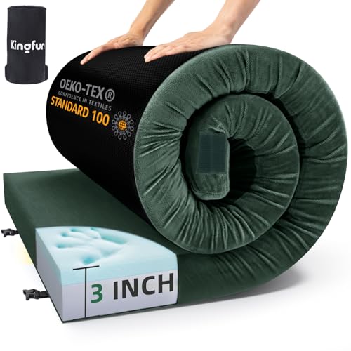Kingfun 3 Inch CertiPUR-US Memory Foam Camping Mattress Pad, Waterproof Roll up Sleeping Pad, Thick Floor Sleeping Mats for Tent with Removable Travel Bag - color: Green, size: Cot 75" X 25" X 3 inch