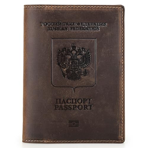 Top Grain Leather Single Travel Passport Wallet Embossing Badge for Unisex, Folio Design for Passport & Multi Cards, RFID Blocking for Passport/Cards/Checks/Bills/AirTag, Coffee Default, RU - color: 【RU】Russia Cover-Default Coffee, size: Badge Embossed Co