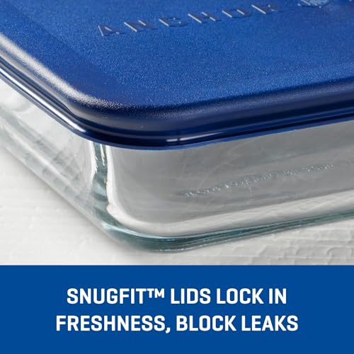 Anchor Hocking 11-Cup Glass Storage Containers with Lids, Set of 2 Glass Food Storage Containers with Blueberry SnugFit Lids