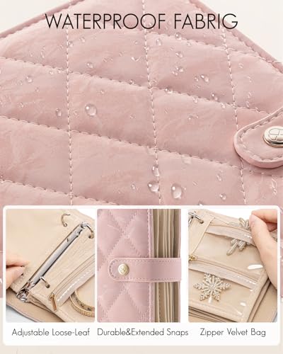 VLANDO Travel Jewelry Organizer Case,Gifts for Women,Portable Jewelry Storage Book Ring Binder with Clear Zipper Velvet Pouch Bag for Traveling,Rings,Necklace,Earrings,Bracelets,Brooches-Sand Pink - color: Sand Pink