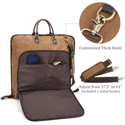 Polare Waxed Canvas Full Grain Leather Trim Garment Carry On Bag for Travel, Foldable Hanging Suitcase Weekender Dust-Proof Garment Waterproof Cover with YKK Zipper and Adjustable Strap - color: Brown