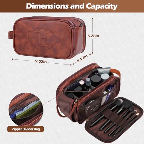 Personalized Groomsmen Gifts Travel Toiletry Bag for Men, Engraved Monogrammed Initial PU Leather Water-Resistant Shaving Bag, Traveling Essentials for Adults Man Dad Husband Boyfriend Groomsmen,H - style: H