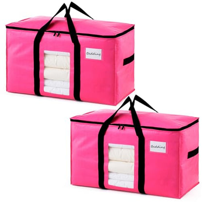 TAILI 2 Pack Pink Extra Large Moving Bags, Heavy Duty Totes with Visible Window, Wrap Around Handles, Space-Saving Storage, Alternative to Moving Boxes - color: Pink, size: 2 Large