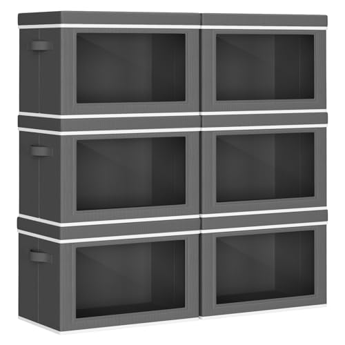 Homsorout Collapsible Storage Bins with Lids - Stackable Storage Containers with Window, 6 Pack Fabric Cube Bins for Closet, Home & Office Organization Baskets, Dark Gray, 14.9" x 9.8" x 9.8" - color: Dark Grey, size: L(6-Pack)