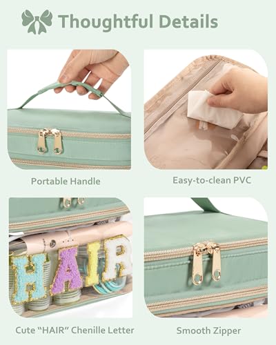 Fasrom Double Layer Hair Accessories Organizer, Preppy Patch Makeup Bag with HAIR Chenille Letter, Portable Travel Cosmetic Pouch Clear Toiletry Case for Women Girl, Green(Bag Only, Patent Design) - color: Green