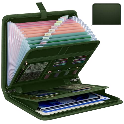 Fireproof Accordion File Organizer, Portable Expanding File Folder with Waterproof Zipper&Labels, Green Document Organizer with 13 Pockets, File Organizer for Important Document/Paper Storage - color: Green