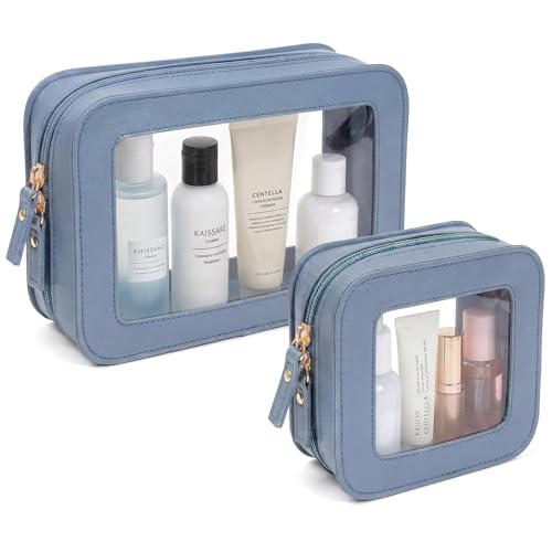 LETGO Clear Makeup Bag Organizer Set, Travel Toiletry Bag for Women, Waterproof Cosmetic Pouch with Zippers, Car Accessories Organizers and Storage Case (2Pack-Standard&Square, Blue) - color: Blue, style: 2pack-standard&square
