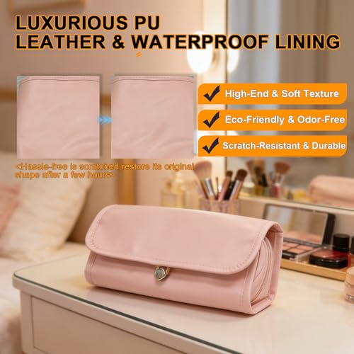 Folding Makeup Brush Bag,Travel Toiletry Bag with Separate Brush Compartment for Brushes & Skincare, Toothbrush Holder,Rollup & Open Flat cosmetic Organizer,Portable Waterproof &Hanging (Pink) - color: Pink