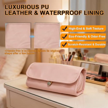 Folding Makeup Brush Bag,Travel Toiletry Bag with Separate Brush Compartment for Brushes & Skincare, Toothbrush Holder,Rollup & Open Flat cosmetic Organizer,Portable Waterproof &Hanging (Pink) - color: Pink