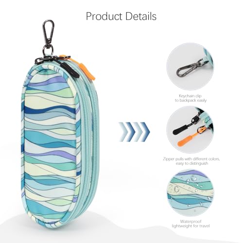 Double Eyeglasses Case Soft Portable Zipper Sunglasses Pouch with Keychain Clip for Men Women - color: Light Blue Wave