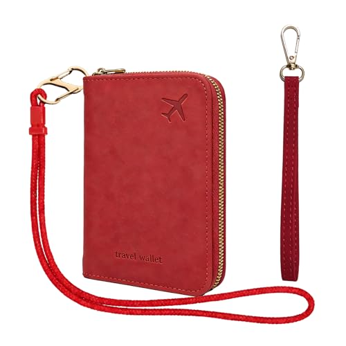 RFID Passport Holder for Travel, Passport Cover Wallet with Detachable Neck Strap & Wrist Lanyard, Passport Case for Women Men (Red) - color: Red