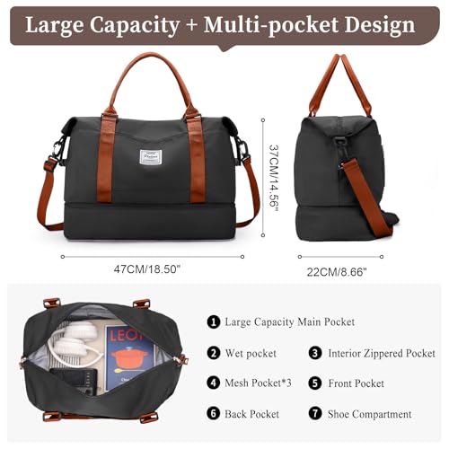 Weekender Bags for Women,Personal Item Travel Bag with Shoes Compartment,Overnight Travel Duffel Bag with Grid Toiletry Bag,Black & Brown - color: BlackBrown-2230, size: Large