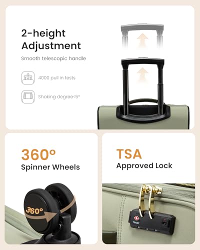 LOVEVOOK Carry on Luggage 22x14x9 Airline Approved with Garment Folder & Spinner Wheels, 22 Inch Large Rolling Carry-on Suitcase, Softside Lightweight Underseat Luggage for Women Travel Overnight, 49L - color: Green-beige, size: 22 Inch With Garment Compa
