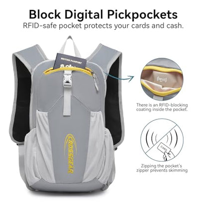 16L Small Hiking Backpack, CROSSGEAR Lightweight Waterproof Foldable Backpack, Travel Camping Outdoor Daypack for Women Men, Gray