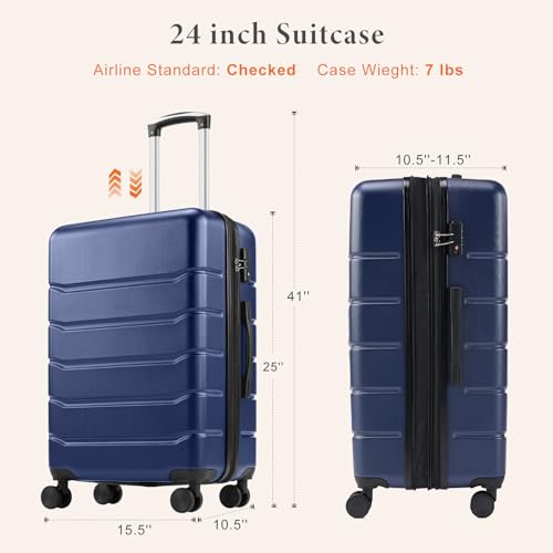 Sweetcrispy 24 Inch Checked Luggage, ABS Lightweight Rolling Hard Shell Suitcase with Smooth Spinner Wheels, Built-in TSA Lock, Durable Travel Suitcase for Business and Vacation Trip, Blue - color: Blue, size: 24 Inch