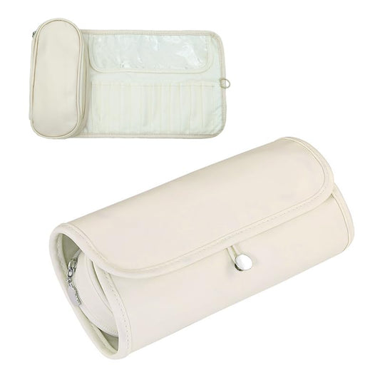 Travel Makeup Organizer, Foldable Roll-Up Cosmetic Storage Bag for Women (Beige) - color: Beige