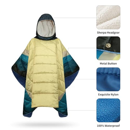 Camping Blanket, Poncho Wearable Hoodie Blankets Outdoor Waterproof Windproof Warm Durable & Portable for Stadium, Concerts, Car,Travel, Beach, Picnic, Grass,75 * 52 inch