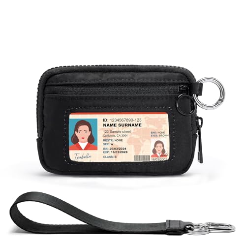 YDF The Iris Wallet for Women Mini Zip Card Case with Clear ID Window Zipper Coin Purse Lightweight Portable Keychain Wallet - color: Black