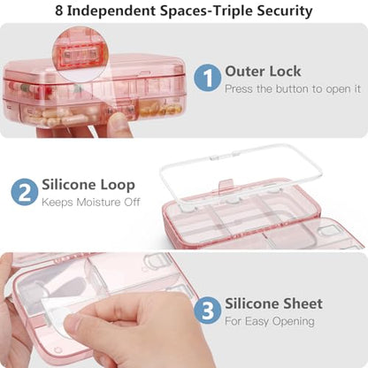 FYY Weekly Pill Organizer with Labels,8 Compartments Travel Daily Pill Case Airtight Moistureproof Large Pill Box to Hold Vitamins, Fish Oil, Supplements,Cotton Swab and Bandages-Pink - color: Pink