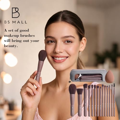 BS-MALL 14 Pcs Makeup Brushes Set with 1 Pcs Makeup Sponge – Essential Foundation Powder Concealers, Eye Shadows, Blush Makeup Brushes with Travel Makeup Case (Brown) - color: Brown