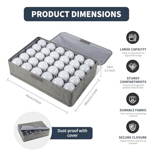 Light Bulb Organizer Storage Box with Lid, Foldable Dustproof Storage Container with 30 Dividers Sturdy PP Board Fits Various Standard Bulbs Fabric Case for Home, Grey, 17 x 11.42 x 5.13 Inches