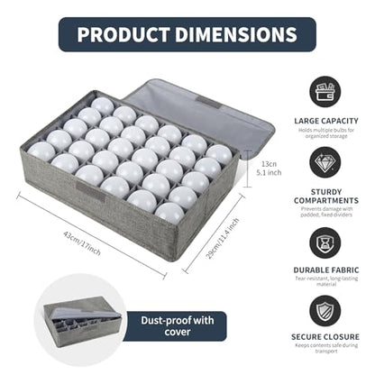 Light Bulb Organizer Storage Box with Lid, Foldable Dustproof Storage Container with 30 Dividers Sturdy PP Board Fits Various Standard Bulbs Fabric Case for Home, Grey, 17 x 11.42 x 5.13 Inches