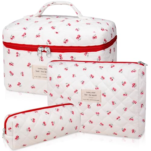 Gosect 3pc Makeup Bag Set, Quilted Makeup Bag Set, Large Floral Cosmetic Bag for Women, Cute Cotton Makeup Bags, Flower Travel Toiletry Organizer Bag (Pink Cherry Flowers) - color: Red Cherry