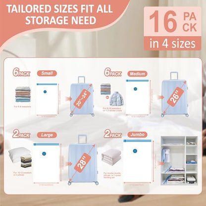 Cozy Essential Travel Vacuum Storage Bags with Rechargeable Cordless USB Pump for Luggage, Suitcase, Carry-on Size Vacuum Seal Compression Space Saver Bags for Clothes and Clothing, 16 Combo