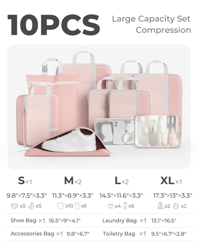 Percover Compression Packing Cubes for Travel, 10-Piece Structured Compression Organizer Set with Toiletry Bag, Laundry Bag & Shoe Bag for Carry-On & Checked Luggage, Pink - color: Pink, size: 10 Set