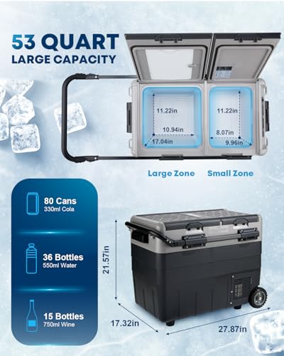 Kohree 12V Car Refrigerator, 53 Quart (50L) Portable Refrigerator, Dual Zone -4℉-68℉ Car Fridge Portable Freezer 12/24V DC and 100-240V AC for RV, Camping,Travel - size: 53Qt Dual Door
