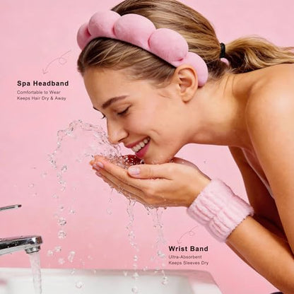 Real Perfection Spa Headband for Washing Face, Skincare Headband Wristband Set for Facial Mask Skin Care, Makeup Remover Towel Cloth Small Spray Bottle with Travel Makeup Bag Gifts for Women - Pink - color: Pink