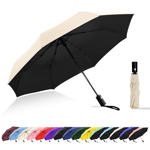 Travel Umbrella UV Sun Protection - Compact Mini Travel Size Automatic Windproof for Backpack or Purse, Lightweight Outdoor Parasol - color: Beige