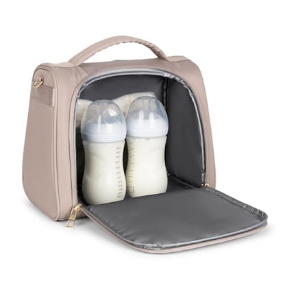 JuJuBe Insulated Bottle Bag, Breastmilk Cooler Bag Fits 3 Baby Bottles, Storage Tote for Nursing Mom, Daycare & Travel, Lunch Bag w/Handle & Shoulder Strap (Taupe) - color: Taupe