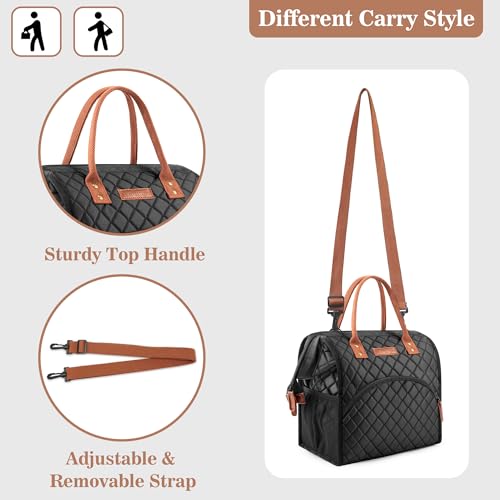 LOKASS Lunch Bag Insulated Lunch Box Wide-Open Lunch Tote Bag with Removable Shoulder Strap for Women/Men Adults Work Picnic Hiking Beach Fishing(Black) - color: Suqare Black-Starps