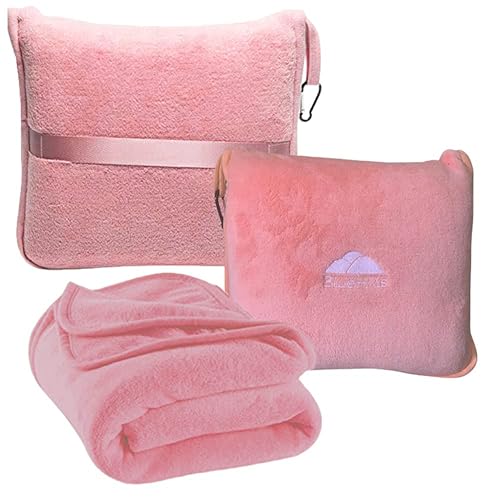 BlueHills Premium Soft Travel Blanket Pillow Airplane Blanket in Soft Bag case with Hand Luggage Belt and Carabiner Compact Pack Large Cozy Portable for Plane Car Train Transit Light Pink T020 - color: Pink-1pk-t020