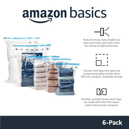 Amazon Basics Vacuum Storage Bags for Clothing, Multiple Sizes Compression Zipper Bags with Hand Pump for Space Saving and Travel, 6-Pack (2 Medium, 2 Large, 2 Jumbo), Transparent - size: Multiple