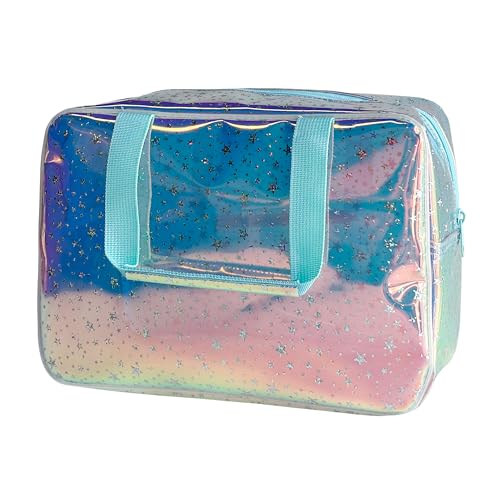 Holographic Blue Clear Star Large Cosmetic Bag and TPU Travel Pouch with Handle,Durable Material,Zipper Design-Ideal for Makeup,Travel Essentials (Holographic Blue+Stars) - color: Holographic Blue+stars