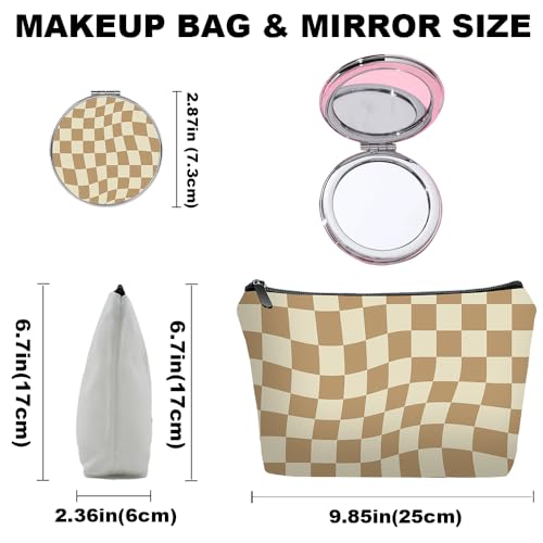 Light Brown Checkered Gifts for Women Unique Brown Plaid Travel Makeup Bag Set with Mirror, Cosmetic Pouch Set for Checkered Lovers & Mom - color: Checkered Light Brown-2S