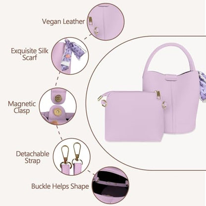 Vegan Leather Bucket Bag for Women Crossbody Bucket Purse with Removable Fashion Bucket Handbag - color: Purple