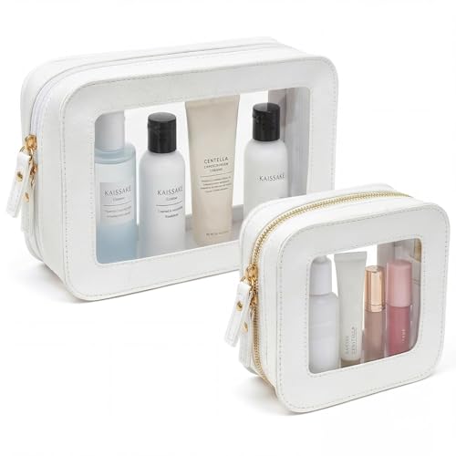 Sunscreen Bag Clear Makeup Bag Set Toiletry Pouch Waterproof PU Leather Portable Beach Bag Organizer Pouch with Transparent Window,Beach Vacation Essentials for Women(2Pack-Standard&Square, Beige) - color: Beige, style: 2pack-standard&square