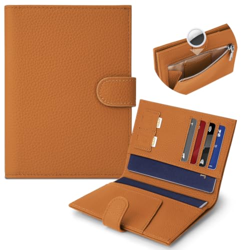 Genuine Leather Passport Holder for Women Men, Hidden Airtag Pocket, RFID Blocking, Zippered Coins Pocket & Cash Compartment Travel Gifts Essentials Passport Cover Case - Yellowish-brown - color: Yellowish-brown