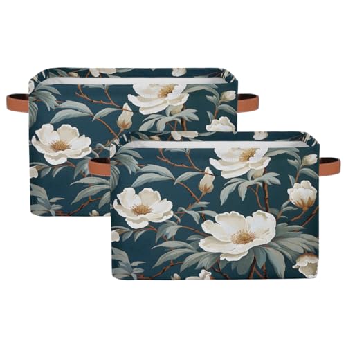 White Rose Leaves Rectangular Storage Bin Collapsible Storage Basket Organizer Boxes with Leather Handle Storage Cube for Shelves Toy Laundry Nursery 2 PC - color: White Rose Leaves, size: 2 Pcs