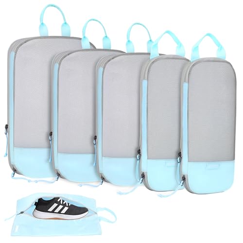Voova 6 Set Compression Packing Cubes, Travel Accessories Expandable Packing Organizer Bags Set for Carry on Suitcase, Durable Luggage Packing Cubes for Travel Essentials, Blue - color: Blue