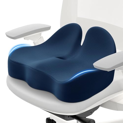 CushZone Seat Cushion, Memory Foam Office Chair Cushions, Ergonomic Curved Design for Sciatica, Tailbone, Coccyx, Seat Support for Car, Desk Chair, Wheelchair, Enhances Long Sitting Comfort (Blue) - color: Navy Blue, size: Standard 2.6"