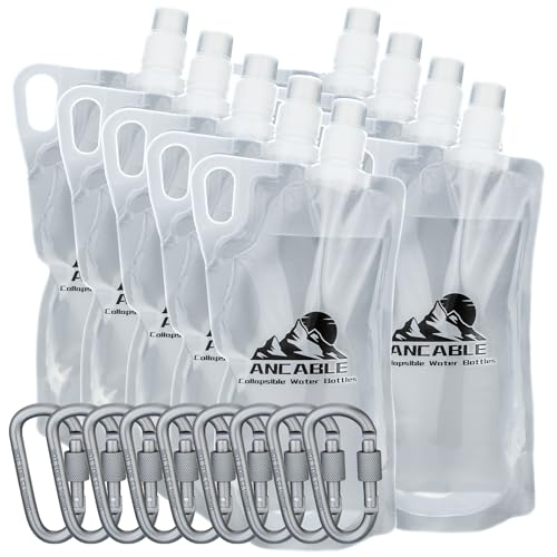 Ancable 33oz Collapsible Water Bottles, 9-Pack Reusable Travel Foldable Water Bottles for Hiking Camping Running Bike, BPA-Free Water Bottle - color: Clear x 9, size: 33 Ounces